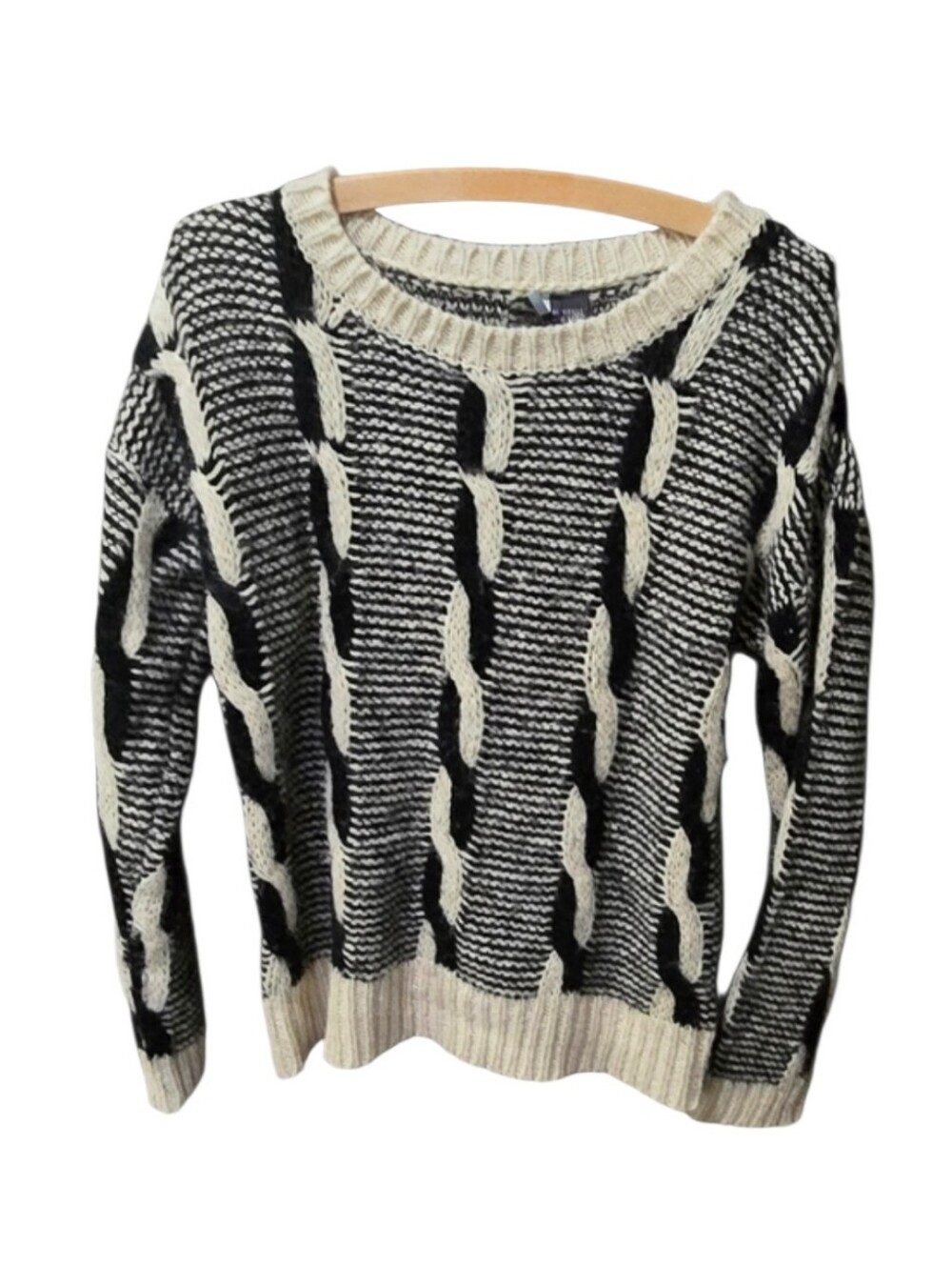 Sparkle & Fade Urban Outfitters Black and Cream Cable-Detail Crewneck Sweater
